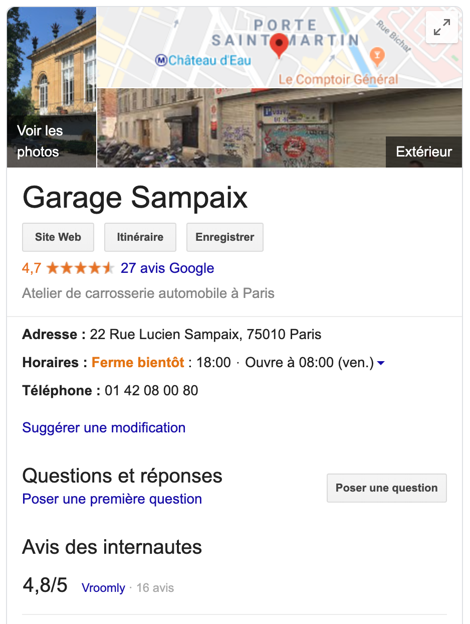 Fiche Google My Business Garage